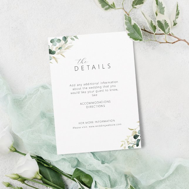 Tarjeta De Recepción Detalles del boda de eucalipto rústico verde (Rustic eucalyptus greenery boho wedding details enclosure card)