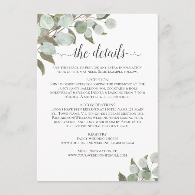 Tarjeta De Recepción Detalles del Boda de eucalipto y vegetación de col (Anverso)