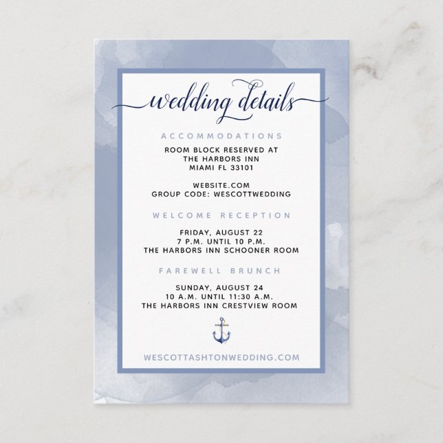 Tarjeta De Recepción Detalles del Boda de eventos del Anclaje de acuare (Anverso)