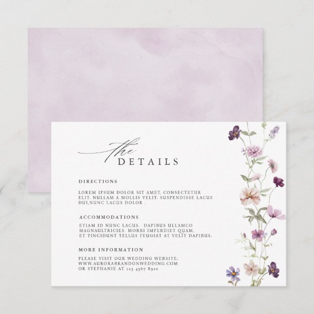 Tarjeta De Recepción Detalles del Boda de Flor Silvestre Dusty Purple L (Anverso / Reverso)