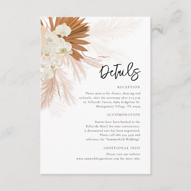Tarjeta De Recepción Detalles del Boda de Floral de Grass Pampas (Anverso)