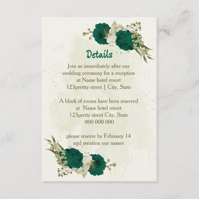 Tarjeta De Recepción detalles del boda de flores beige verde esmeralda (Anverso)