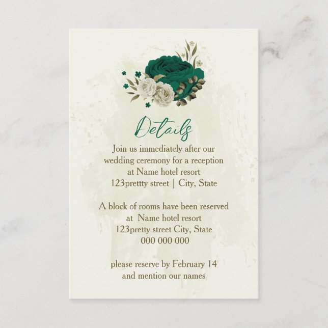 Tarjeta De Recepción detalles del boda de flores beige verde esmeralda (Anverso)