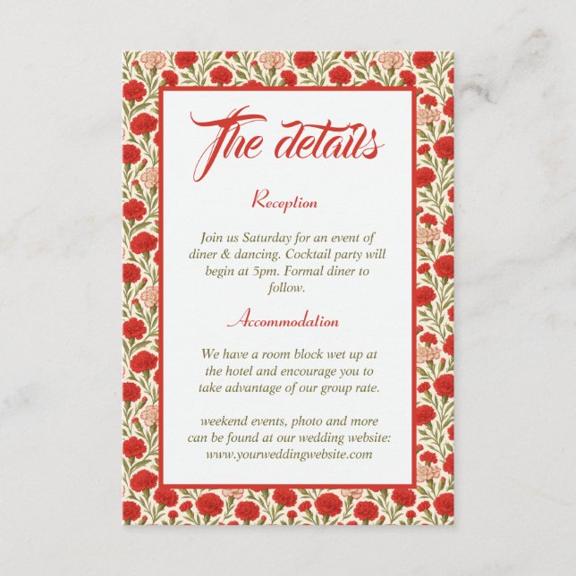 Tarjeta De Recepción Detalles del Boda de Flores de Carnación Roja Vint (Anverso)