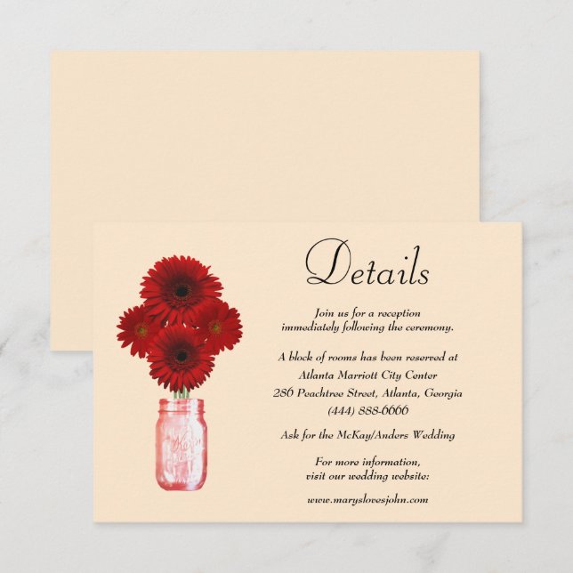 Tarjeta De Recepción Detalles del Boda de Flores Rojas Mason Jar (Anverso / Reverso)