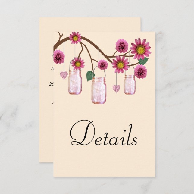 Tarjeta De Recepción Detalles del Boda de Flores Rosa Mason Jars (Anverso / Reverso)