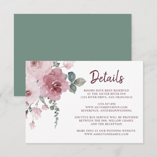 Tarjeta De Recepción Detalles del Boda de flores rosadas con polvo de B (Anverso / Reverso)