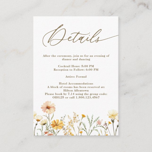 Tarjeta De Recepción Detalles del Boda de flores silvestres amarillo ac (Anverso)