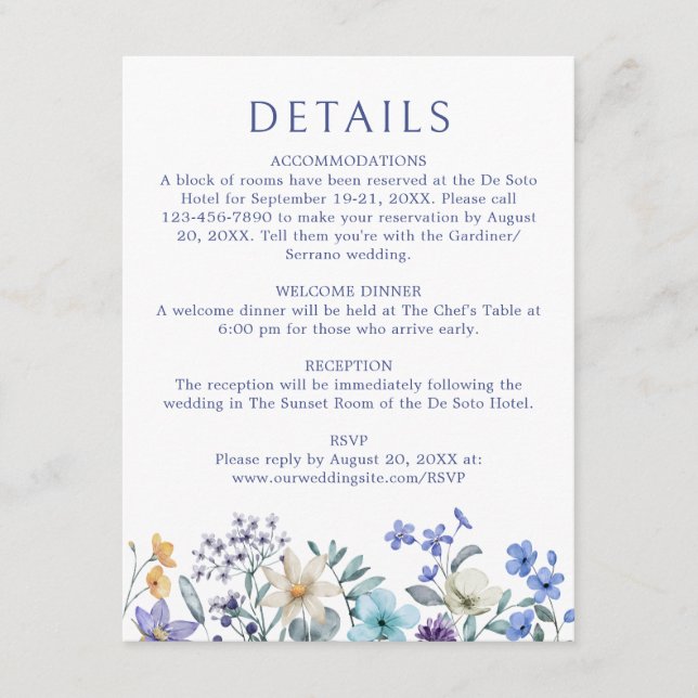 Tarjeta De Recepción Detalles del Boda de flores silvestres azul turque (Anverso)