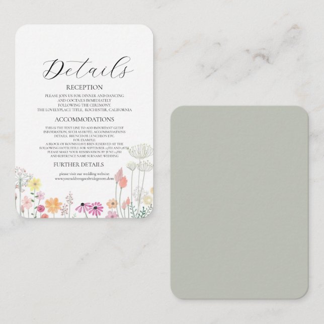Tarjeta De Recepción Detalles del boda de flores silvestres de primaver (Anverso / Reverso)