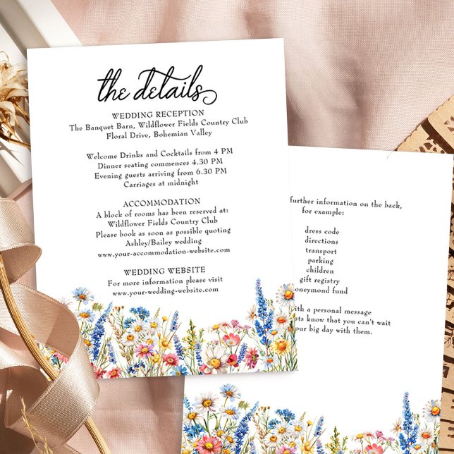 Tarjeta De Recepción Detalles del Boda de flores silvestres del país (Wedding details card from the Country Wildflower wedding collection by Darling & May)