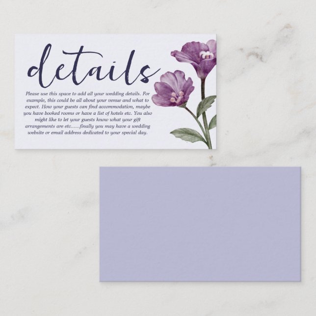 Tarjeta De Recepción Detalles del Boda de flores silvestres púrpura acu (Anverso / Reverso)