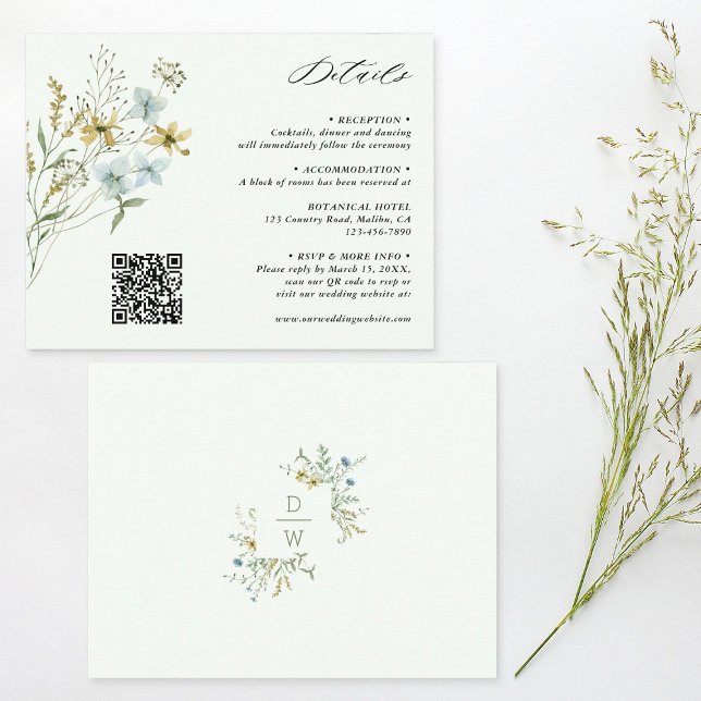 Tarjeta De Recepción Detalles del Boda de flores silvestres verde pálid (Front & Back)
