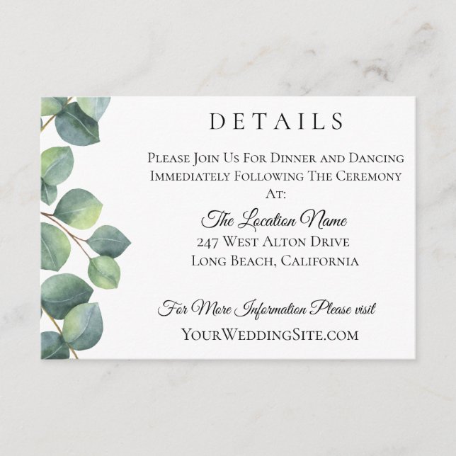 Tarjeta De Recepción Detalles del Boda de follaje Eucalyptus (Anverso)