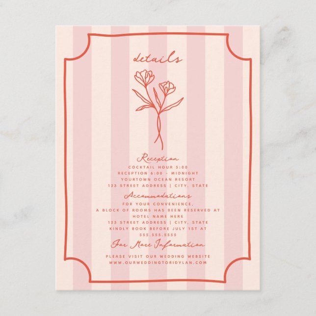 Tarjeta De Recepción Detalles del Boda de franja rosada floral botánica (Anverso)