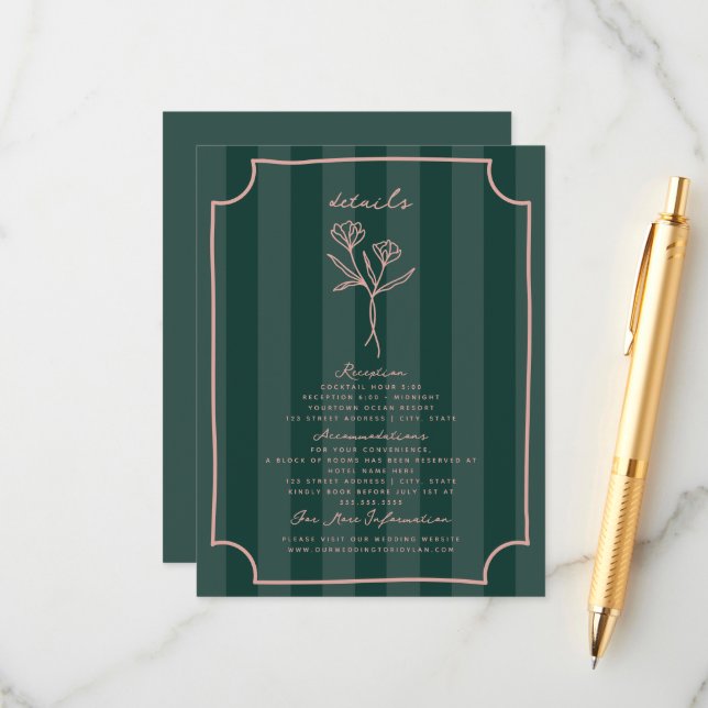 Tarjeta De Recepción Detalles del Boda de franja verde floral botánica (Anverso/Reverso In Situ)