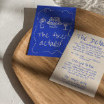 Tarjeta De Recepción Detalles del Boda de Funky de la Mano dibujado en<br><div class="desc">Detalles del boda, sencillos y elegantes, retro y colorido. Con un fondo cremoso y lechoso y un diseño de texto escrito a mano azul, con textos caprichosos y un marco peculiar y original dibujado a mano. Con una copa de champán de color crema y tarta y botella en la parte...</div>