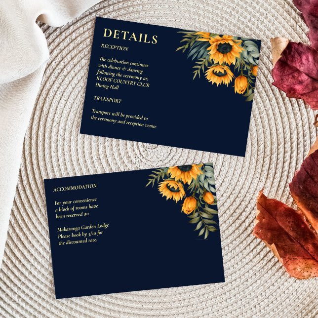 Tarjeta De Recepción Detalles del boda de girasol rústico azul marino o (Fall navy blue rustic sunflower wedding details enclosure card moody dark blue with sunflowers)