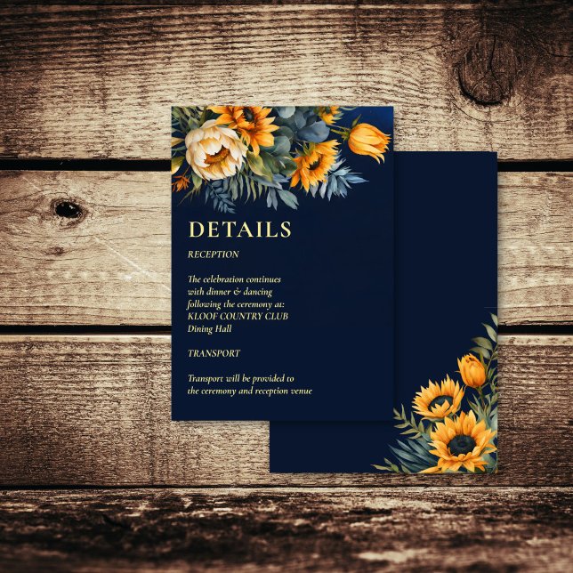 Tarjeta De Recepción Detalles del boda de girasol rústico azul marino o (Fall navy blue rustic sunflower wedding details enclosure card invitation suite)