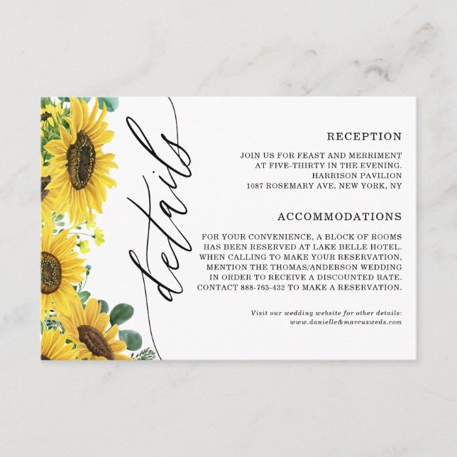Tarjeta De Recepción Detalles del Boda de girasoles acuarelas y eucalip (Anverso)