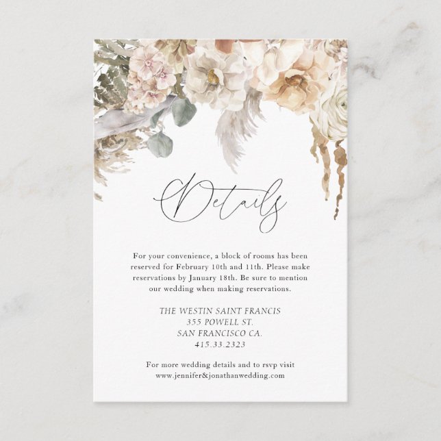 Tarjeta De Recepción Detalles del Boda de Grass Boho Rustic Pampas (Anverso)