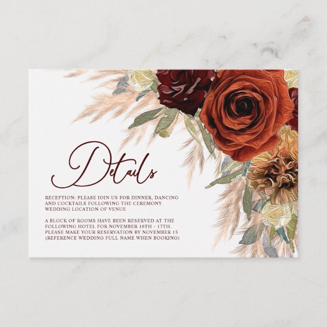 Tarjeta De Recepción Detalles del Boda de Grass Floral Rusa Pampas (Anverso)