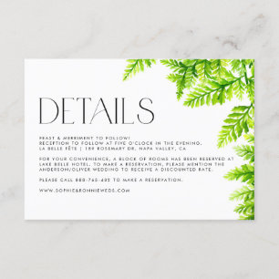 Tarjeta De Recepción Detalles del Boda de Green Ferns de color de agua