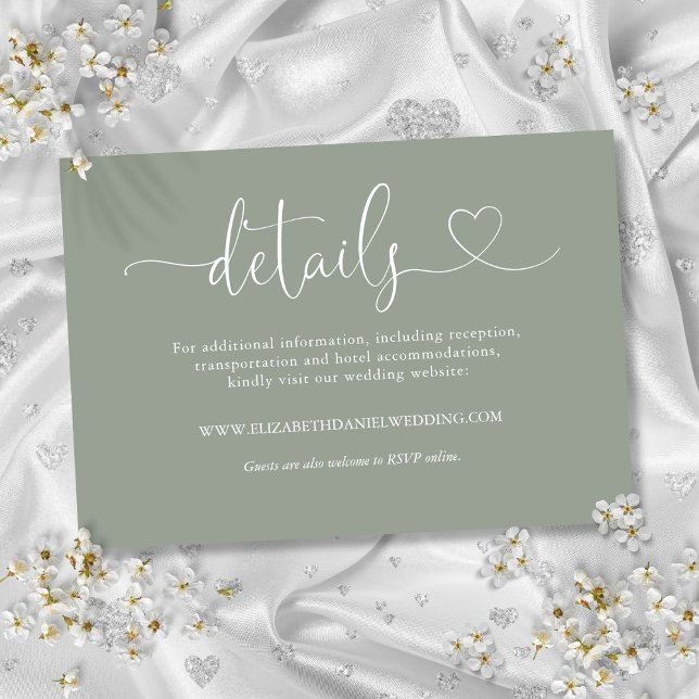 Tarjeta De Recepción Detalles del Boda de guión de Sage Green Heart (Sage Green Heart Script Wedding Details Enclosure Card)