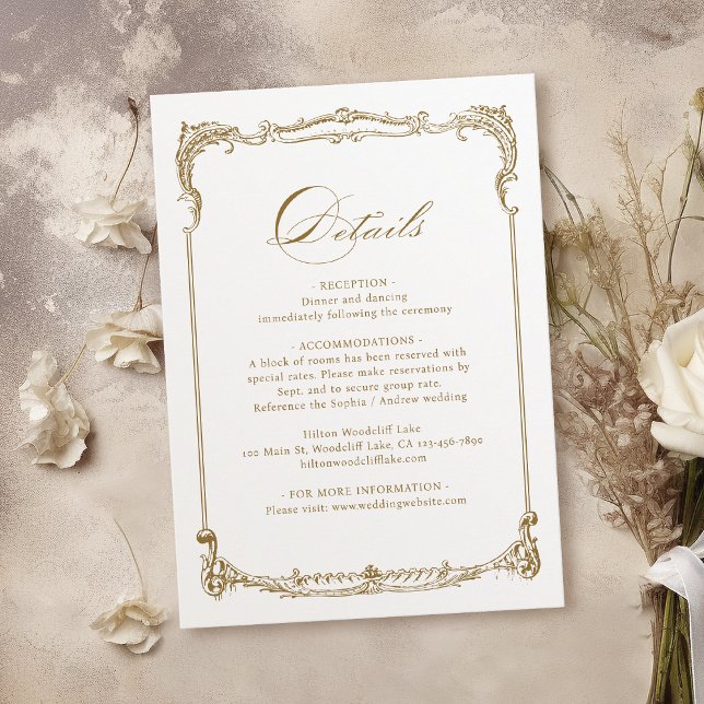 Tarjeta De Recepción Detalles del Boda de guiones clásicos del marco vi (Gold Vintage Frame Classic Script Wedding Details Enclosure Card)