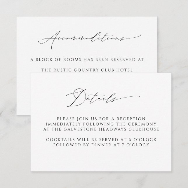 Tarjeta De Recepción Detalles del Boda de guiones elegante y moderno (Anverso / Reverso)