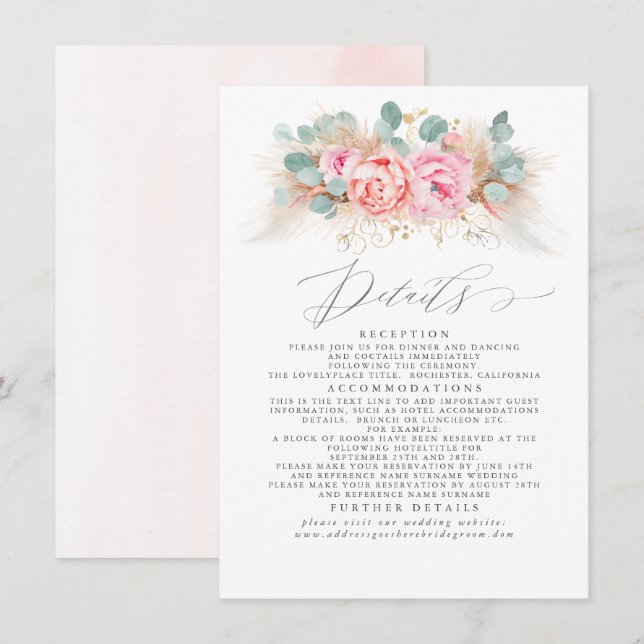Tarjeta De Recepción Detalles del Boda de hierba Pampas Florales Rosa (Anverso / Reverso)