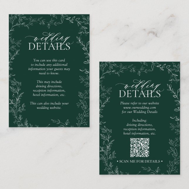 Tarjeta De Recepción Detalles del Boda de hoja verde esmeralda elegante (Anverso / Reverso)