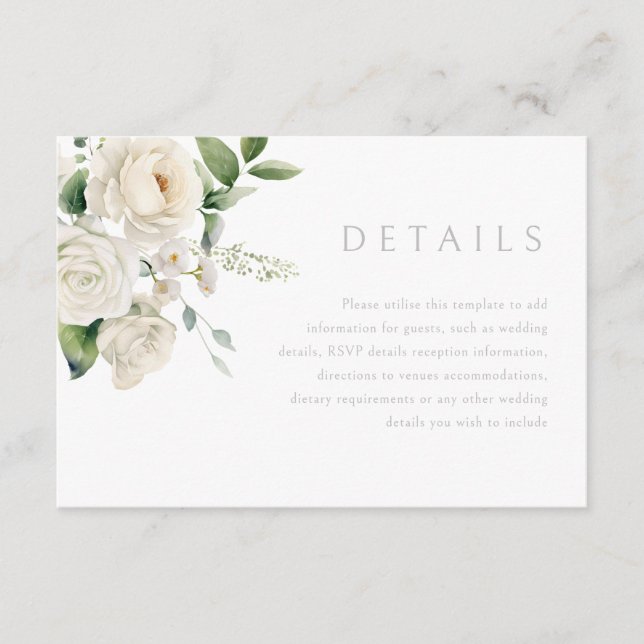 Tarjeta De Recepción Detalles del Boda de hojas blancas y rosas blancas (Anverso)