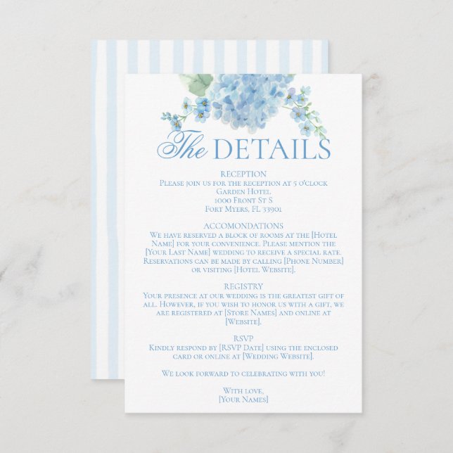 Tarjeta De Recepción Detalles del Boda de Hydrangea Azul del Jardín Ing (Anverso / Reverso)