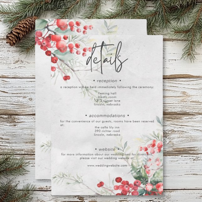 Tarjeta De Recepción Detalles del Boda de invierno ruso Holly y Pine (Rustic Winter Holly & Pine Wedding Details Enclosure Card)
