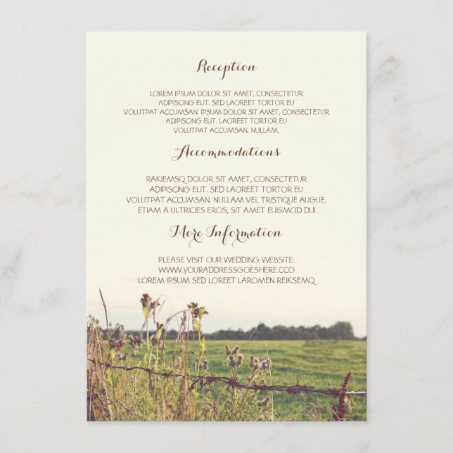 Tarjeta De Recepción Detalles del Boda de la cerca rural (Anverso)