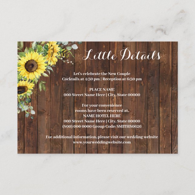 Tarjeta De Recepción Detalles del Boda de la ducha Western Sunflowers G (Anverso)