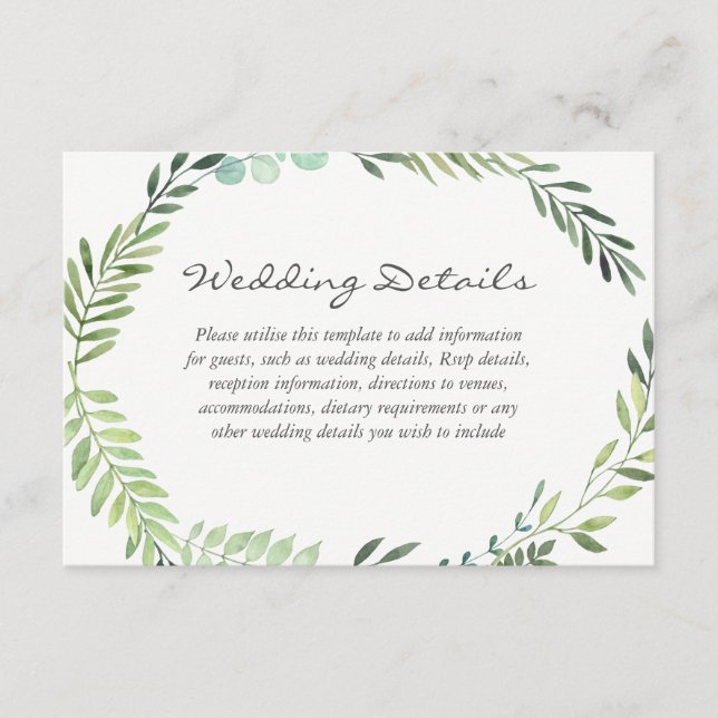 Tarjeta De Recepción Detalles del Boda de la hoja verde acuarela (Anverso)