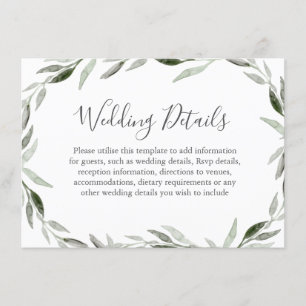 Tarjeta De Recepción Detalles del Boda de la hoja verde acuarela