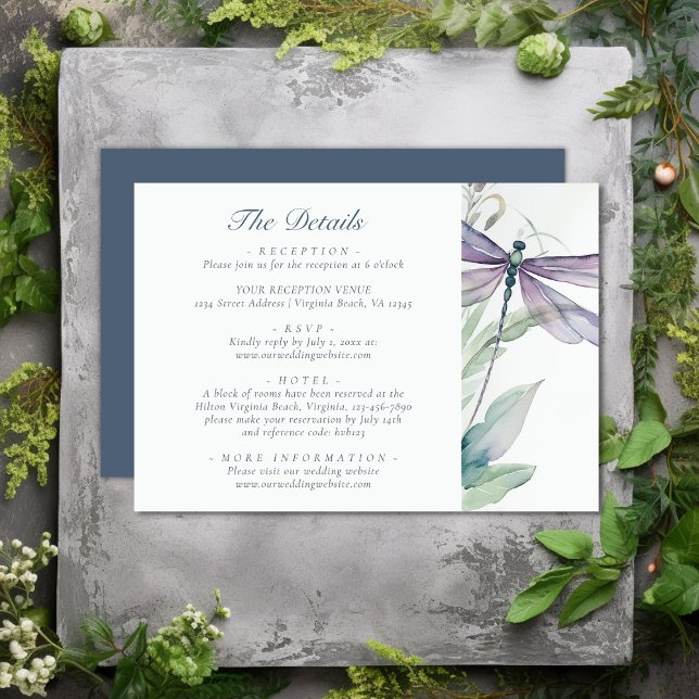 Tarjeta De Recepción Detalles del Boda de la libélula acuarela y la veg (Watercolor Dragonfly and Greenery Wedding Details Enclosure Card)