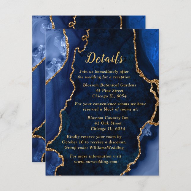 Tarjeta De Recepción Detalles del Boda de la Marina Blue y Gold Agate (Anverso / Reverso)