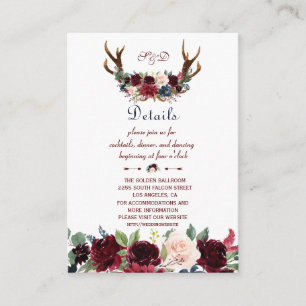 Tarjeta De Recepción Detalles del Boda de la Marina Boho Merlot Floral