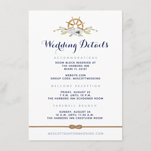 Tarjeta De Recepción Detalles del Boda de la Marina Náutica y el Infini (Anverso)