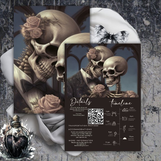 Tarjeta De Recepción Detalles del Boda de la pareja Skeleton (Til Death Do Us Part Wedding Details &  Itinerary Enclosure Card)