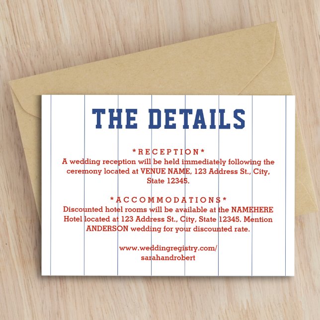 Tarjeta De Recepción Detalles del Boda de la Pinstripe de Béisbol (Baseball Pinstripe Wedding Details Enclosure Card)