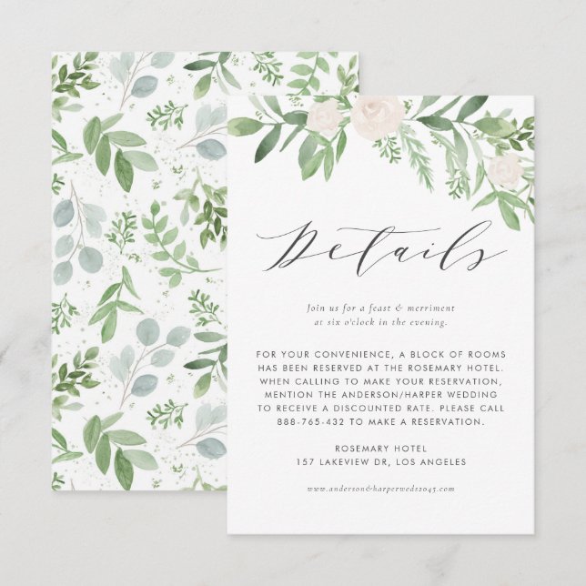 Tarjeta De Recepción Detalles del Boda de la vegetación y las flores bl (Anverso / Reverso)