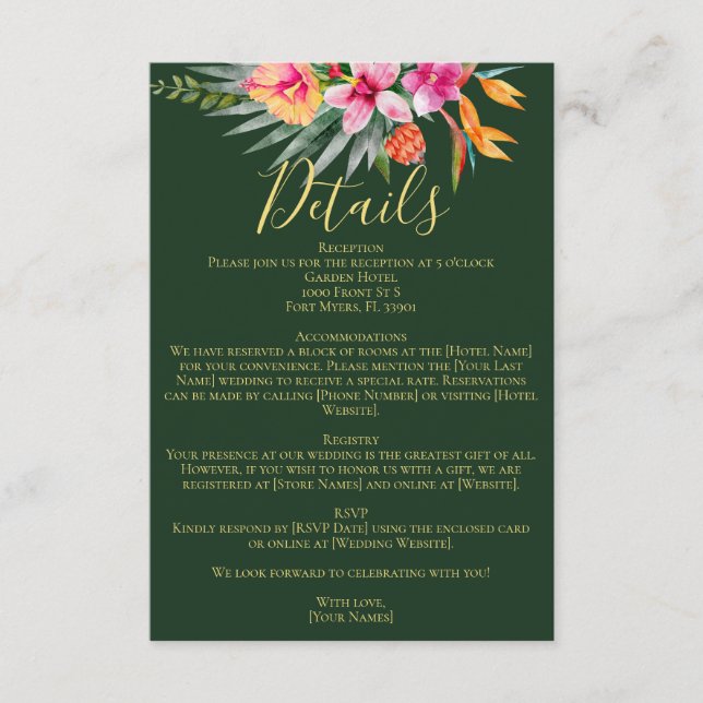 Tarjeta De Recepción Detalles del Boda de las flores rosadas tropicales (Anverso)