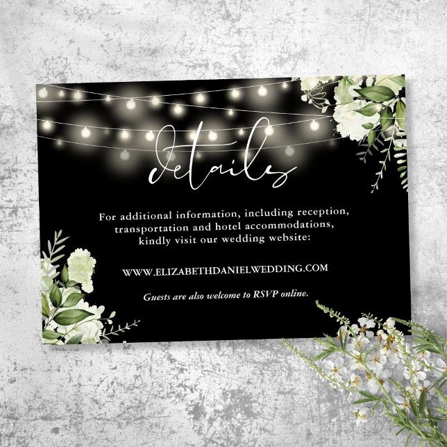 Tarjeta De Recepción Detalles del Boda de las luces de cadena floral de (Greenery Floral String Lights Wedding Details Enclosure Card)
