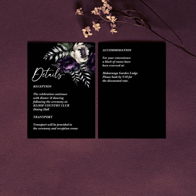 Tarjeta De Recepción Detalles del boda de las peonías púrpura oscuro de (Dark moody purple peonies wedding details enclosure card)