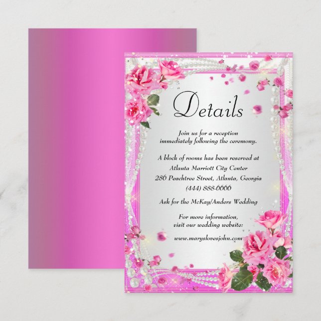 Tarjeta De Recepción Detalles Del Boda De Las Perlas Y Rosas Rosa (Anverso / Reverso)